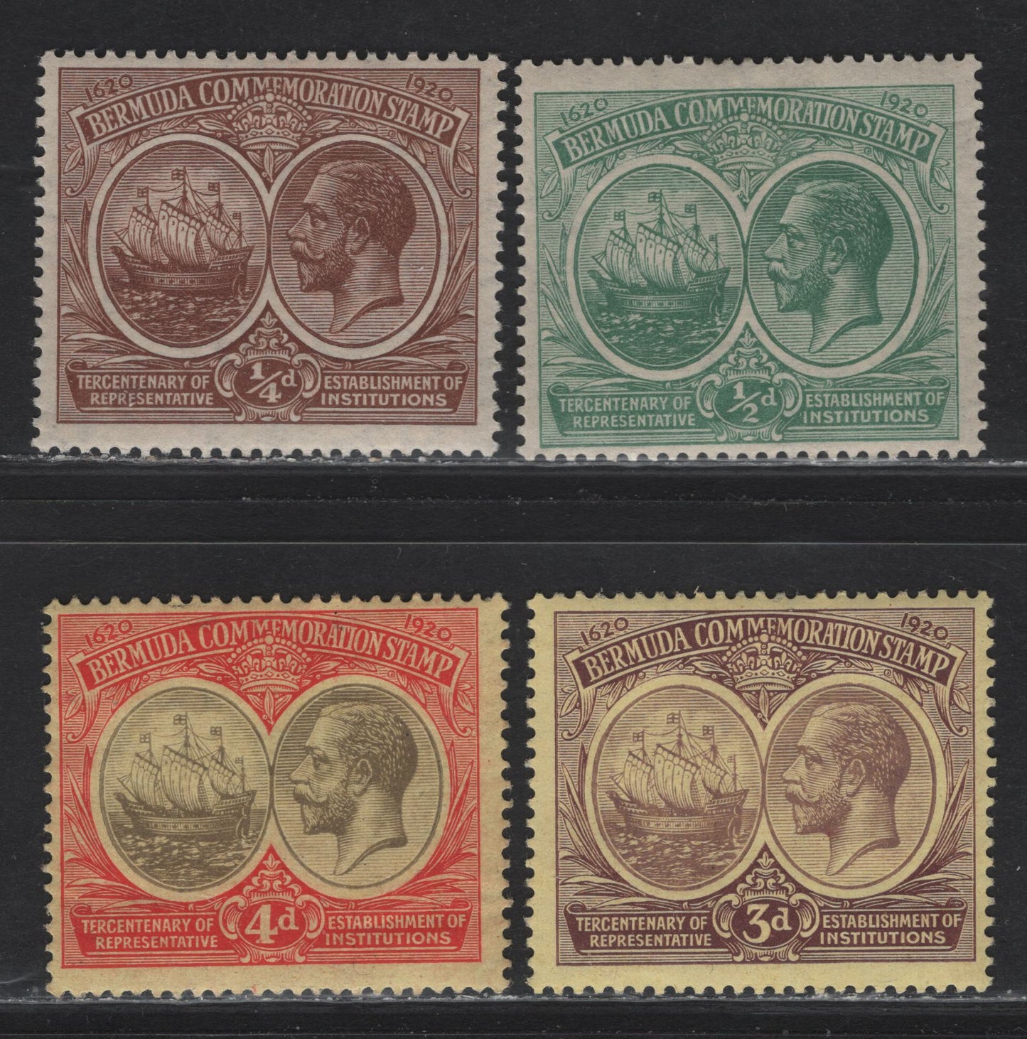 Lot 55 Bermuda SG#59-60, 62-63 1/4d - 4d Brown - Gray & Red King George V & Caravel, 1920-1921 Tercentenary of Representative Institutions Issue, 4 FOG Singles