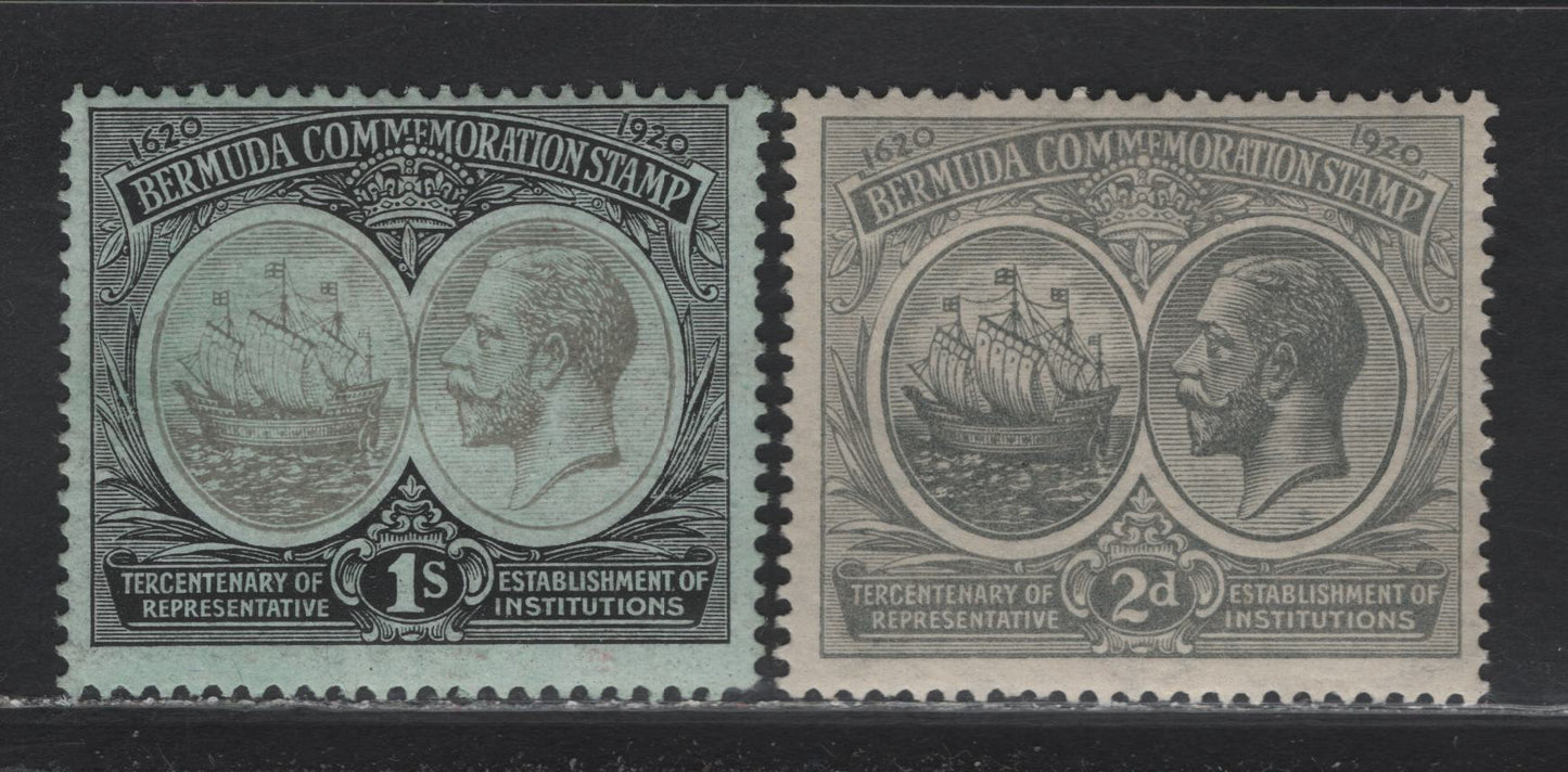 Lot 56 Bermuda SG#61, 64 2d - 1/- Gray - Black & Gray on Blue Green King George V & Caravel, 1920-1921 Tercentenary of Representative Institutions Issue, 2 FOG Singles