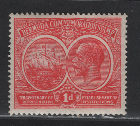 Lot 57 Bermuda SG#65 1d Carmine King George V & Caravel, 1920-1921 Tercentenary of Representative Institutions Issue, A VFNH Single, Script CA Wmk