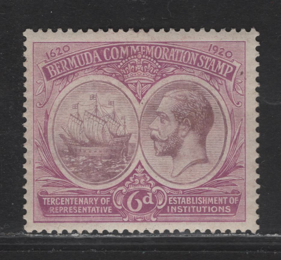 Lot 59 Bermuda SG#67 6d Dull & Bright Purple King George V & Caravel, 1920-1921 Tercentenary of Representative Institutions Issue, A VFOG Single