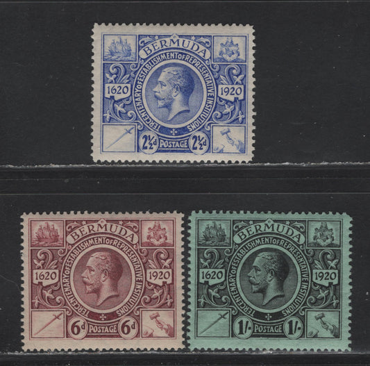 Lot 68 Bermuda SG#69, 72-73 2.5d - 1/- Bright Ultramarine - Black on Green Representative Institutions, 1921 Tercentenary of Representative Institutions Issue, 3 VFOG Singles