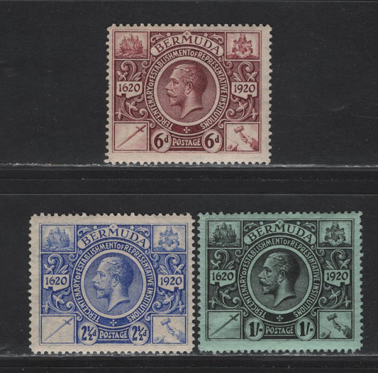 Lot 69 Bermuda SG#69, 72-73 2.5d - 1/- Bright Ultramarine - Black on Green Representative Institutions, 1921 Tercentenary of Representative Institutions Issue, 3 FOG Singles