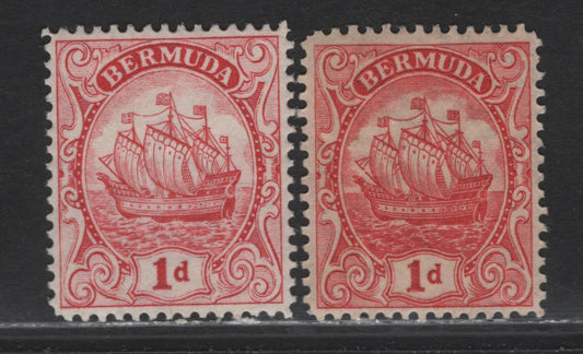Lot 74 Bermuda SG#79-a 1d Scarlet & Carmine Lake Caravel, 1922-1934 Caravel Definitive Issue, 2 VFOG Singles, Type III, Line Perf