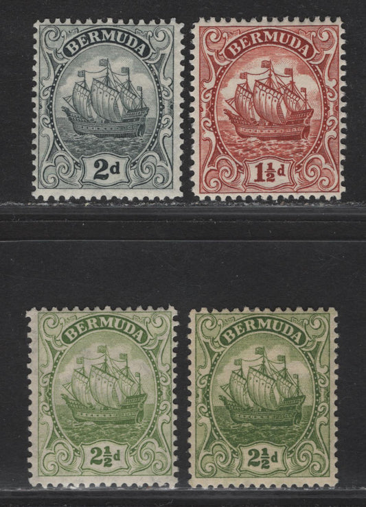 Lot 75 Bermuda SG#79b, 80-81a 1/2d - 2d Brown - Deep Sage Green Caravel, 1922-1934 Caravel Definitive Issue, 4 FOG Singles, Both 2.5d's Are Comb Perf, Others Are Line Perf