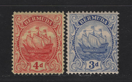 Lot 78 Bermuda SG#83, 85 3d - 4d Ultramarine - Red on Yellow Caravel, 1922-1934 Caravel Definitive Issue, 2 FOG Singles, 3d Is Comb Perf, 4d Is Line