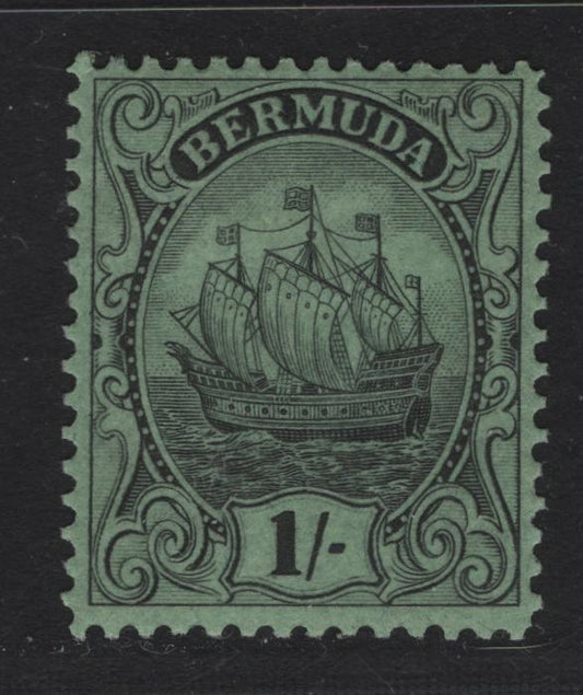 Lot 78A Bermuda SG#87a 1/- Brownish Black on Yellow Green Caravel, 1922-1934 Caravel Definitive Issue, A VFNH Single, Line Perf