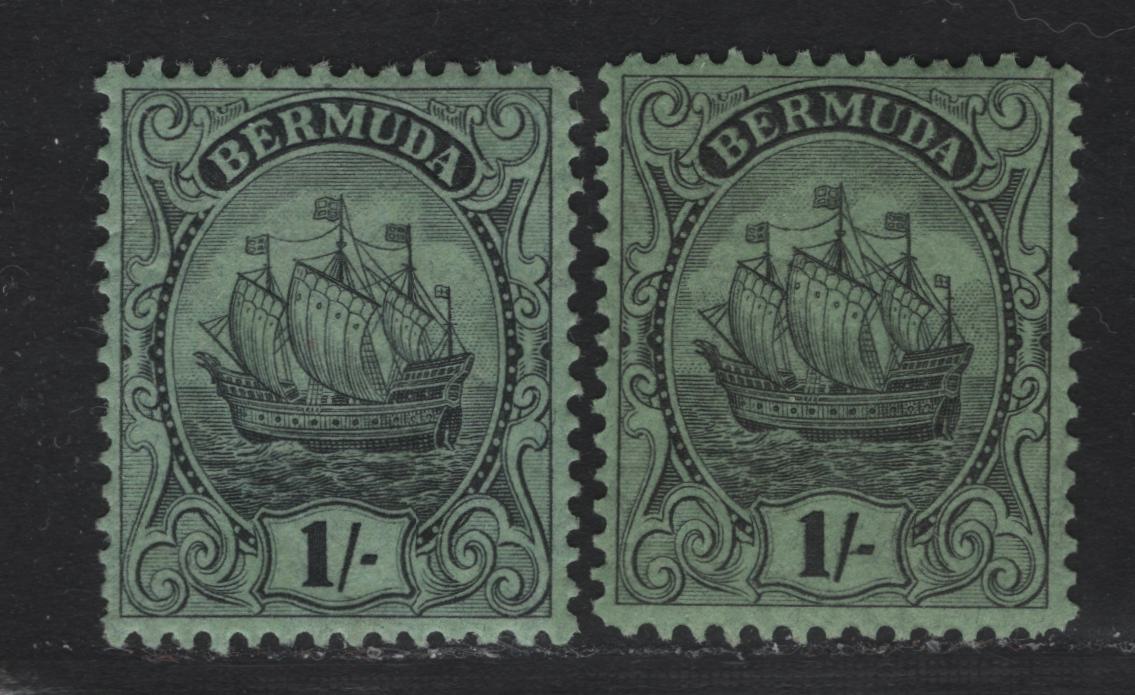 Lot 79 Bermuda SG#87-a 1/- Black on Emerald - Brownish Black on Yellow Green Caravel, 1922-1934 Caravel Definitive Issue, 2 VFOG Singles, Black on Ermald Is Comb Perf, The Other is Line Perf