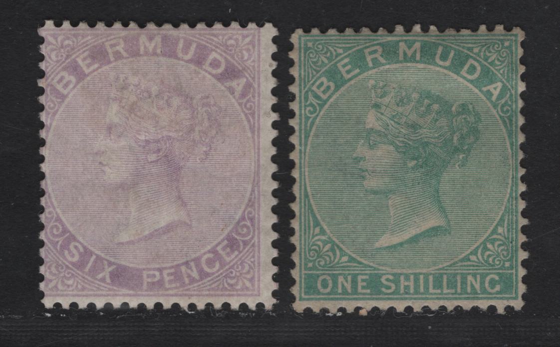 Lot 8 Bermuda SG#7,8 6d Dull Mauve & 1/- Green, 1865-1903 Queen Victoria Keyplates Issue, Wmk Crown CC, 2 F&VF OG Singles Perf 14