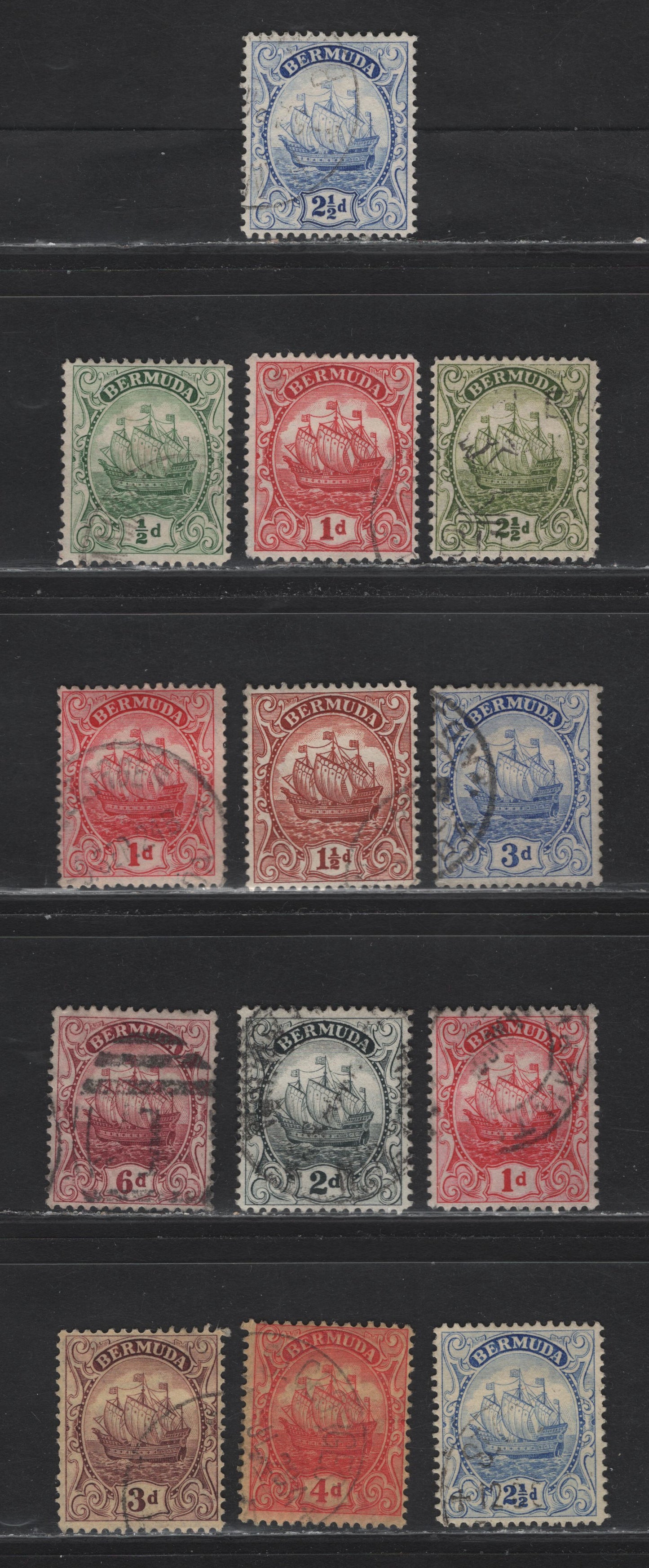 Lot 83 Bermuda SG#77a, 78-a, 79,b, 80, 81a, 82,b, 83-86 1/2d - 10d Green - Claret King George V, 1924-1932 Caravel Definitive Issue, 13 Fine/Very Fine Used Singles, Both Shades Of 1d Type 1 & Scarlet Type 3, Both Typles Of 2.5d, Most Comb Perf.