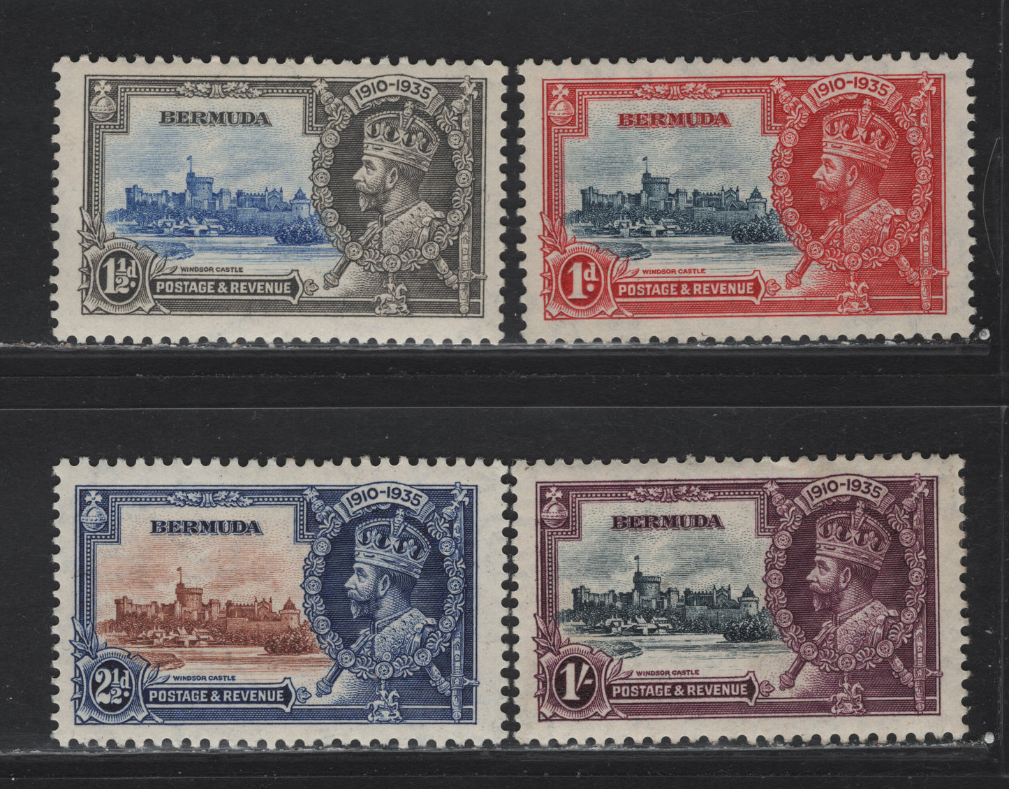 Lot 85 Bermuda SG#94-97 1d - 1/- Deep Blue & Scarlet - Slate & Purple King George V & Windsor Castle, 1935 Silver Jubilee Issue, 4 VFOG Singles