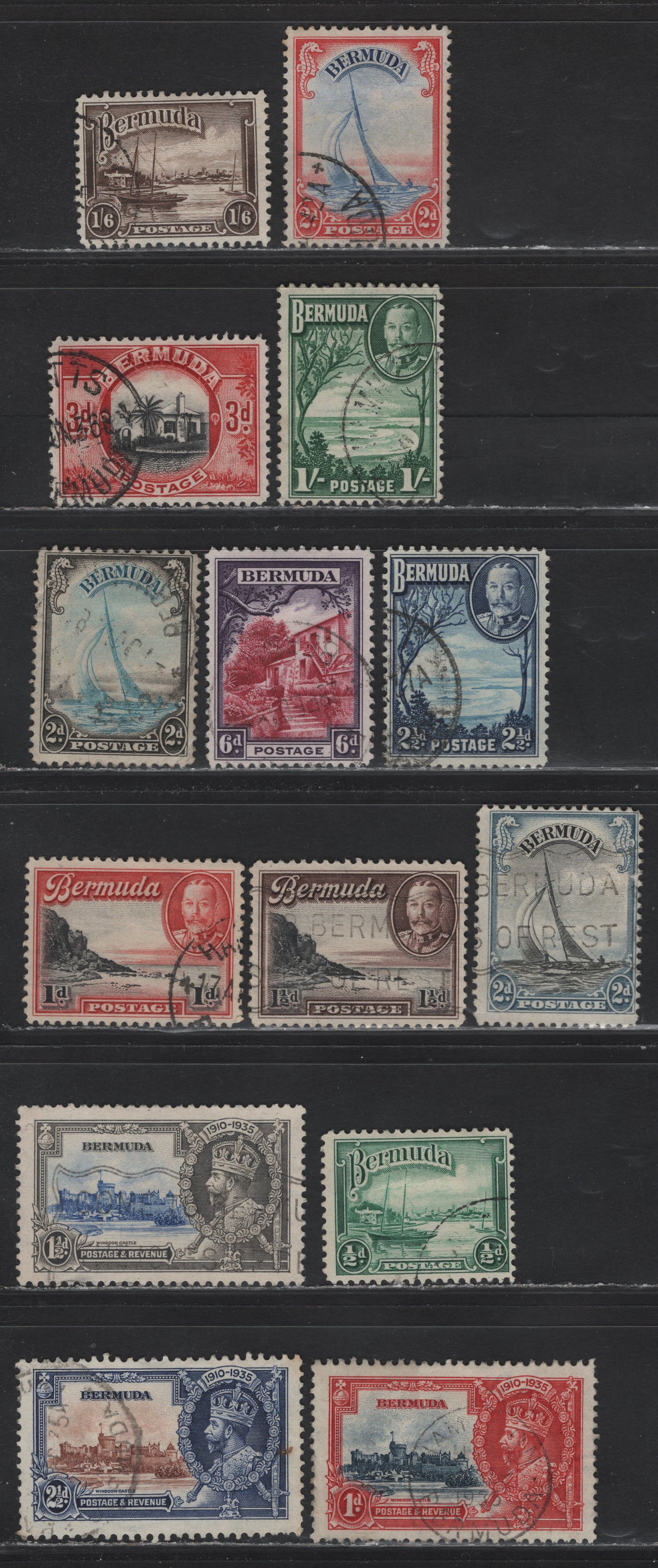 Lot 87 Bermuda SG#94-96, 98-106, 112-112a 1d - 2d Deep Blue & Scarlet - Ultramarine & Scarlet King George V - Lucie (Yacht), 1935-1940 Silver Jubilee - KGVI Definitive Issues, 14 Fine/Very Fine Used Singles, All Line Perfs On The Definitives