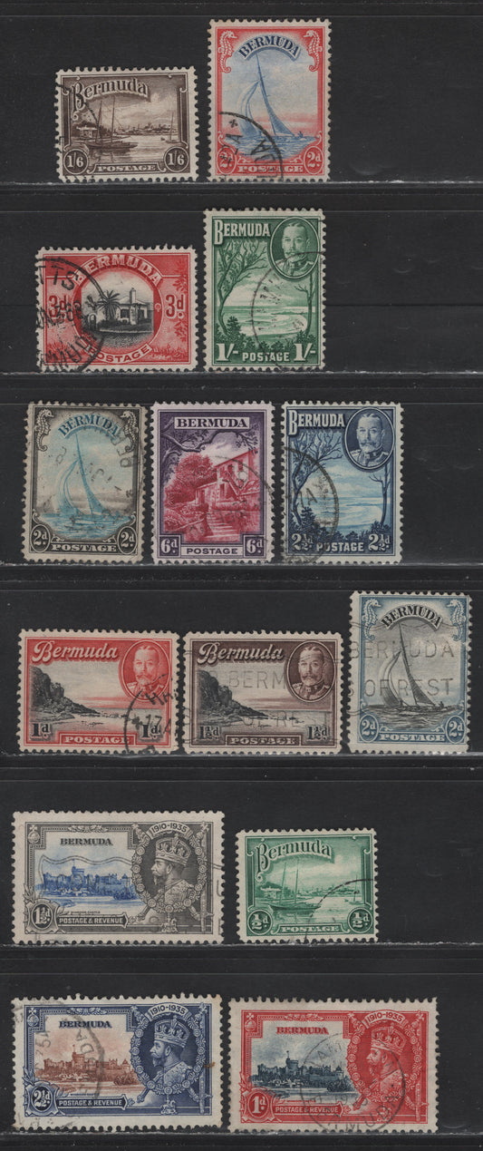 Lot 87 Bermuda SG#94-96, 98-106, 112-112a 1d - 2d Deep Blue & Scarlet - Ultramarine & Scarlet King George V - Lucie (Yacht), 1935-1940 Silver Jubilee - KGVI Definitive Issues, 14 Fine/Very Fine Used Singles, All Line Perfs On The Definitives