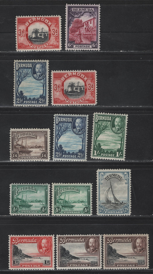 Lot 90 Bermuda (C) SG#98-106 1/2d - 1/6d Bright Bluish Green - Brown King George V & VI, 1936-1947 KGV & VI Pictorial Issues, 13 F/VFOG Singles, 1936 & 1942 Printings With Shade Varieties