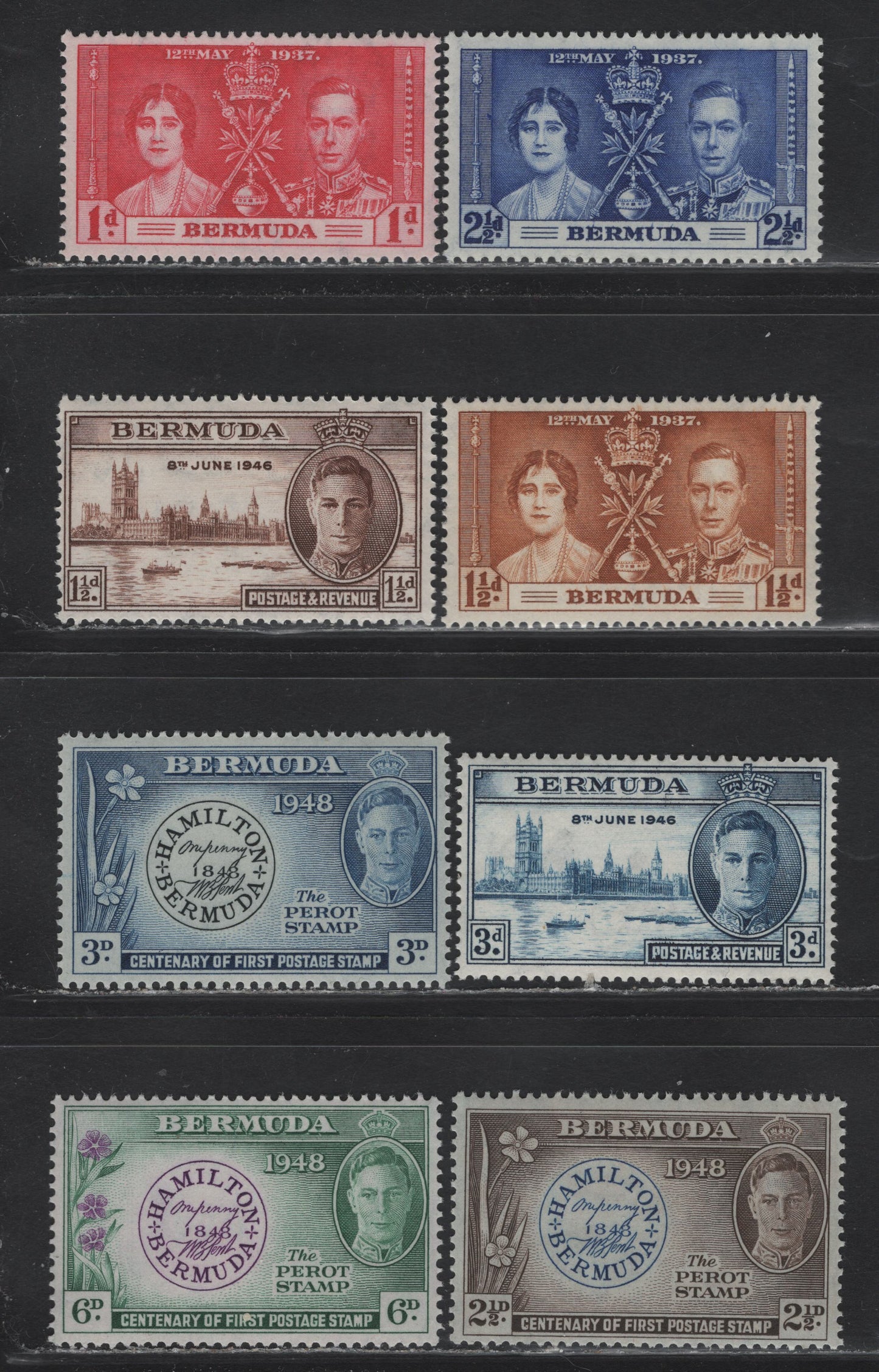 Lot 91 Bermuda SG#107-109, 123-124, 127-129 1d - 6d Scarlet - Violet & Green Coronation - Perot Stamp, 1937-1949 Coronation - Perot Stamp Centenary Issues, 8 F/VFNH Singles