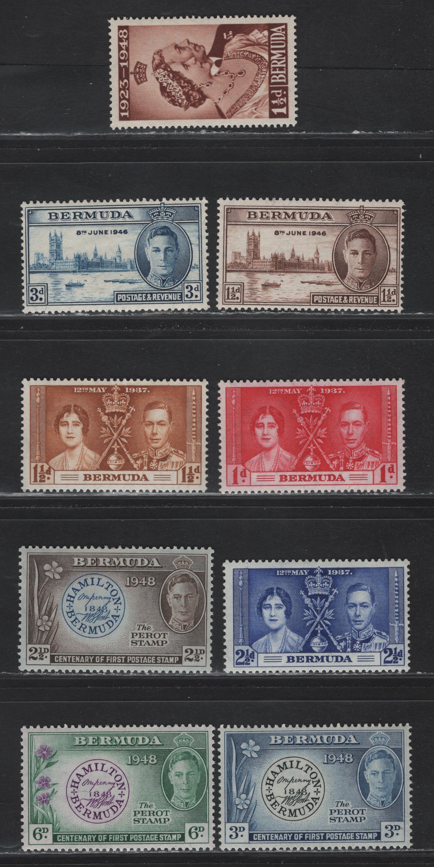 Lot 92 Bermuda SG#107-109, 123-125, 127-129 1d - 6d Scarlet - Violet & Green Coronation - Perot Stamp, 1937-1949 Coronation - Perot Stamp Centenary Issues, 9 F/VFOG Singles