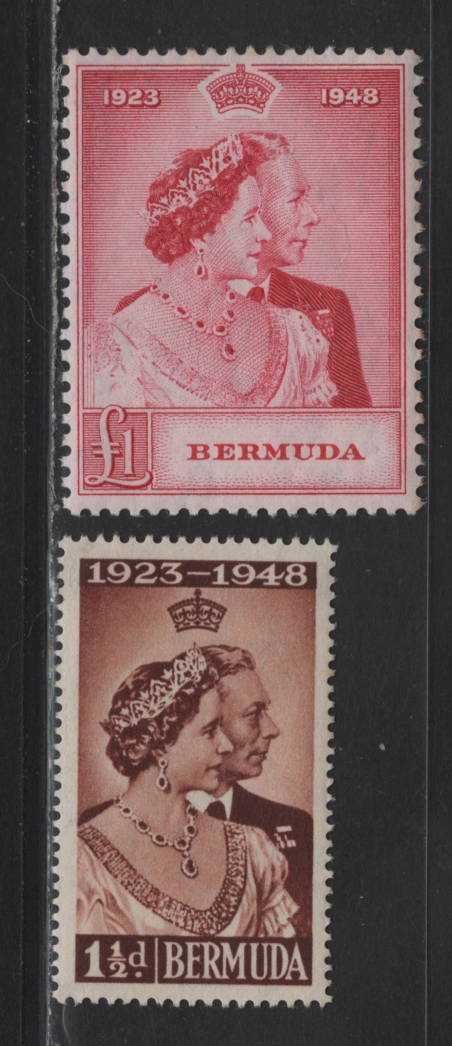 Lot 93 Bermuda SG#125-126 1.5d - £1 Red Brown - Carmine Royal Silver Wedding, 1948 Royal Silver Wedding Issue, 2 VFNH Singles