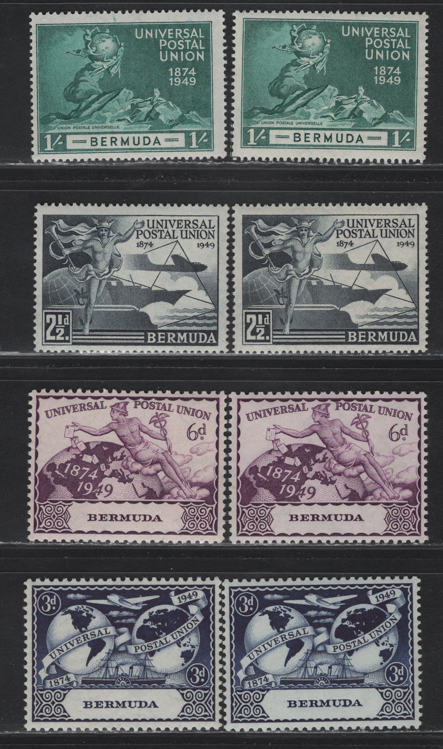 Lot 94 Bermuda SG#130-133 2.5d - 1/- Blue & Black - Blue Green UPU, 1949 UPU Issue, 8 F/VFNH Singles, Two Sets, Each A Different Shade