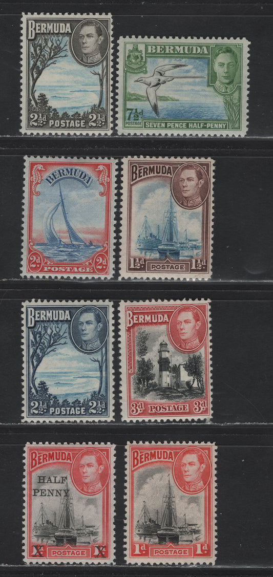 Lot 98 Bermuda SG#110-111, 112a, 113, 113b 1d - 7.5d Black & Red - Black, Blue & Bright Green, 1938-1950 KGVI Pictorial Issue, 8 F/VFOG Singles, Spacing On 1/2d Surcharge is 13.5mm, Others Are 1940s Printing, Spacing On 1/2d Surcharge is 13.5mm
