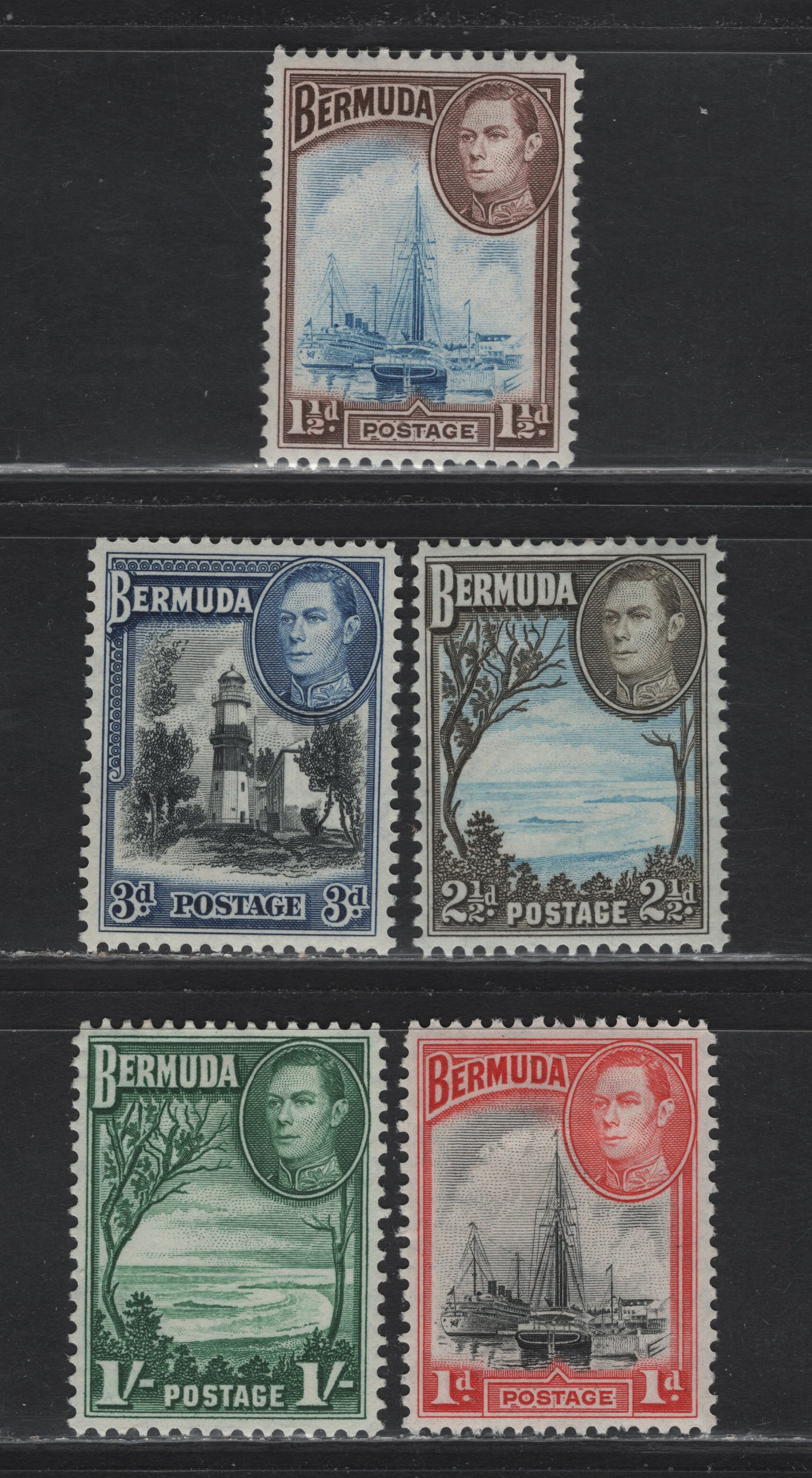 Lot 99 Bermuda SG#111b, 110, 113c, 114a, 115a 1d - 1/- Black & Red - Bluish Green King George VI, 1938-1950 KGVI Pictorial Issue, 5 VFOG Singles, Comb Perf