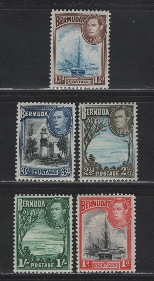 Lot 99 Bermuda SG#111b, 110, 113c, 114a, 115a 1d - 1/- Black & Red - Bluish Green King George VI, 1938-1950 KGVI Pictorial Issue, 5 VFOG Singles, Comb Perf