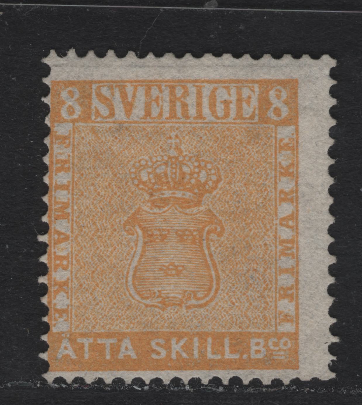 Lot 1 Sweden SC#8a 8s Bright Yellow Skilling Banco Arms, 1855 Arms Issue, A Fine Unused Single, Reprinted, Second Reprinting With Later 1895 perf, Which Is Clean Cut, No Gum.