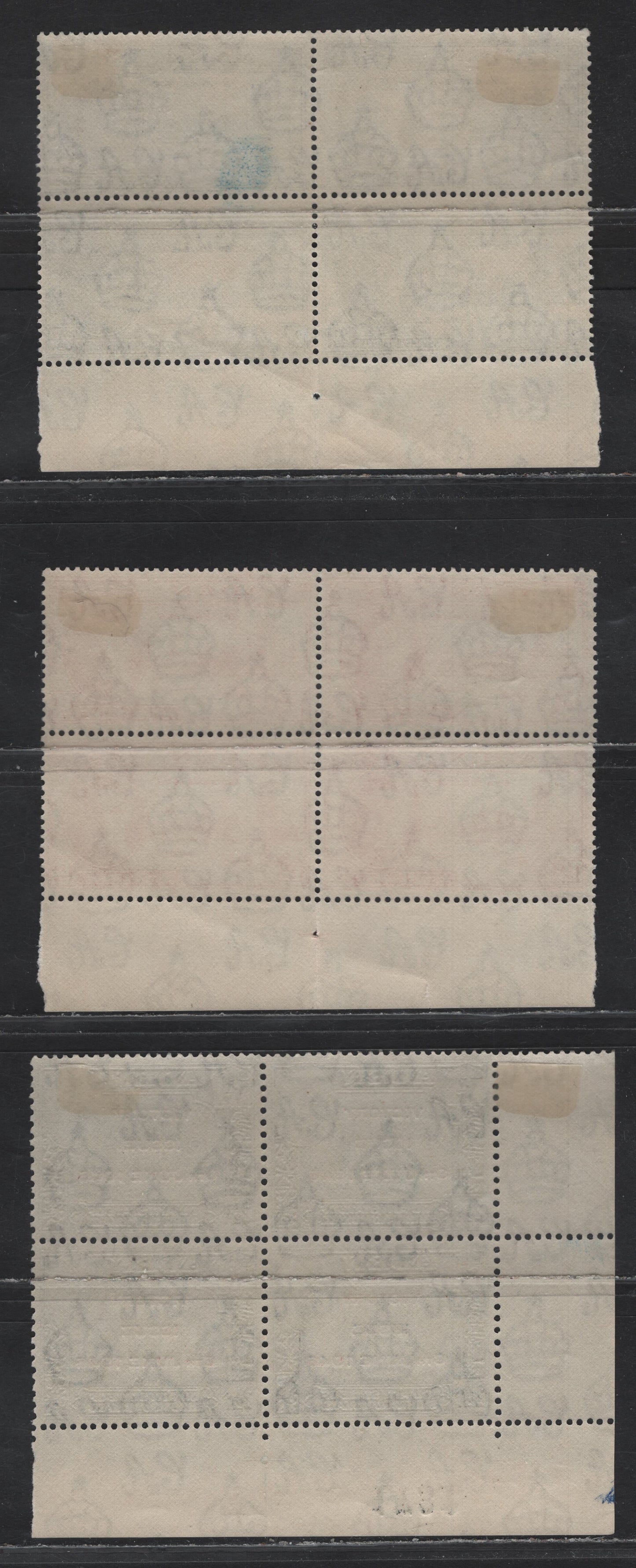 Lot 103 Aden - Qu'aiti State Of Shihr & Mukalla (C) SG#28-29, 13 1.5a - 2.5a Blue , 1946 Victory Issues, 3 F/VFNH/OG Margin Blocks Of 4, Showing Perforation Guide Marks That Denote The Center Column of Perforations In The Sheet