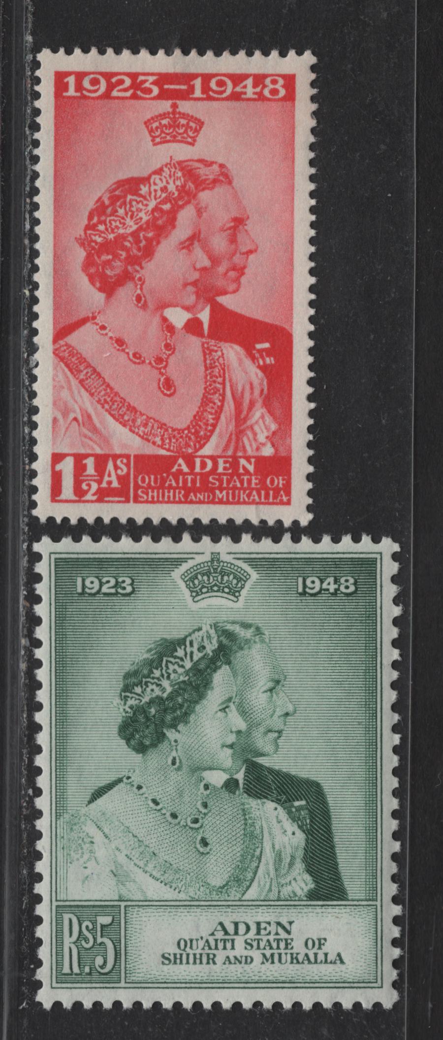 Lot 106 Aden - Qua'iti State Of Shihr & Mukalla SG#14-15 1.5a - 5r Scarlet - Green , 1949 Silver Wedding Issue, 2 VFOG Singles