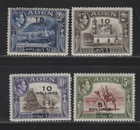 Lot 120 Aden (C) SG#37-38, 45-46 10c on 2a - 10/- on 10r Sepia - Sepia & Violet , 1951 New Currency Surcharge, 4 F/VFOG Singles, Old Stock Consisting Of Leftover 1942 & 1944-45 Printings On Opaque Paper
