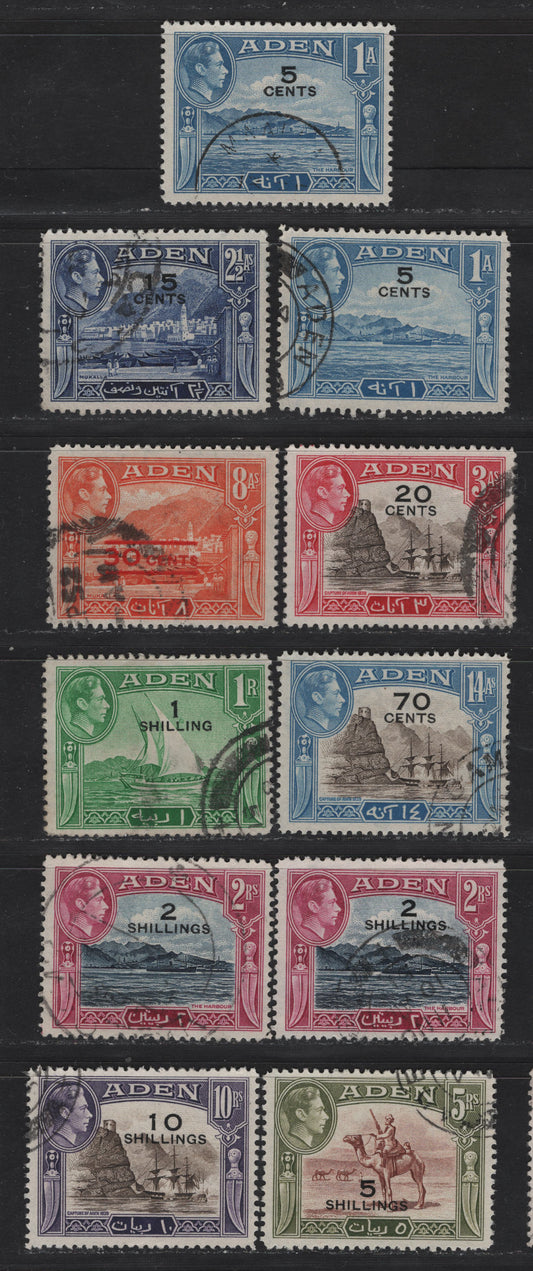 Lot 122 Aden (C) SG#36, 39, 38, 40, 42, 43, 45, 46 5c on 1a - 10r on 10r Pale Blue - Sepia & Violet , 1951 New Currency Surcharge, 11 Fine Used Singles, Old Stock - 1942-1945 Printings On Opaque Paper With Vertical Mesh