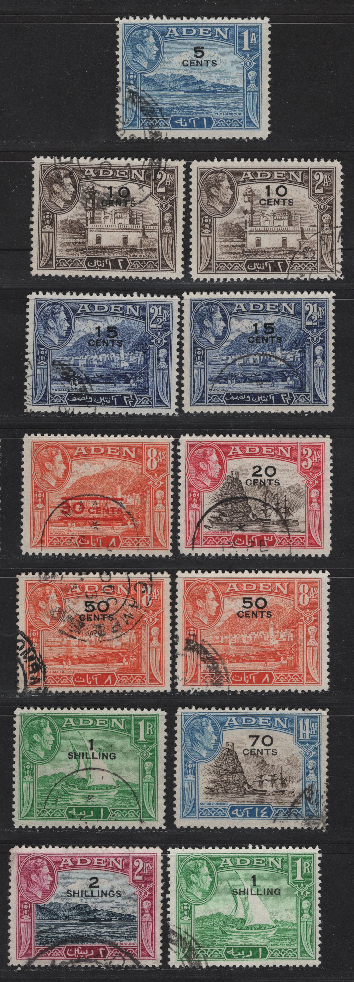 Lot 123 Aden (C) SG#36-44 5c on 1a - 2/- on 2r Pale Blue - Deep Indigo & Magenta , 1951 New Currency Surcharge, 13 Fine/Very Fine Used Singles, New Printings Made Specifically For Overprinting, Horizontal Ribbed Backed Paper