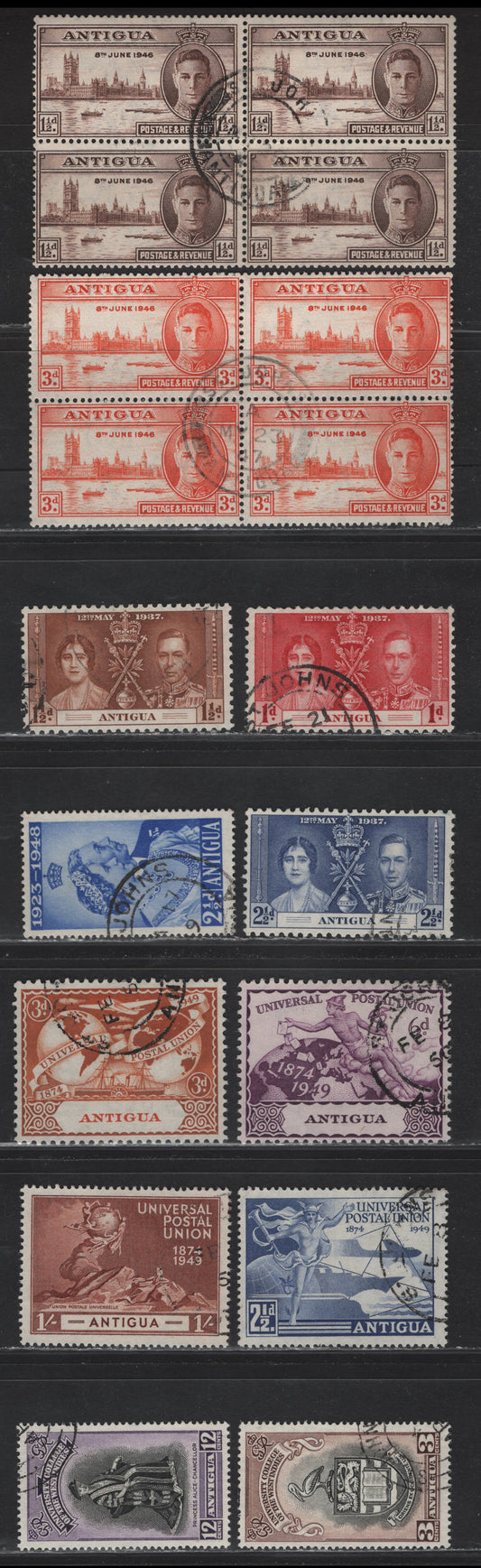 Lot 130 Antigua (C) SG#95-97, 110-112, 114-119 1d - 12c Carmine - Black & Violet , 1937-1951 Coronation - University Issues, 12 Fine/Very Fine Used Singles & Blocks, Peace Set In Blocks, 1d Coronation Has A Corner Crease, So Not Counted
