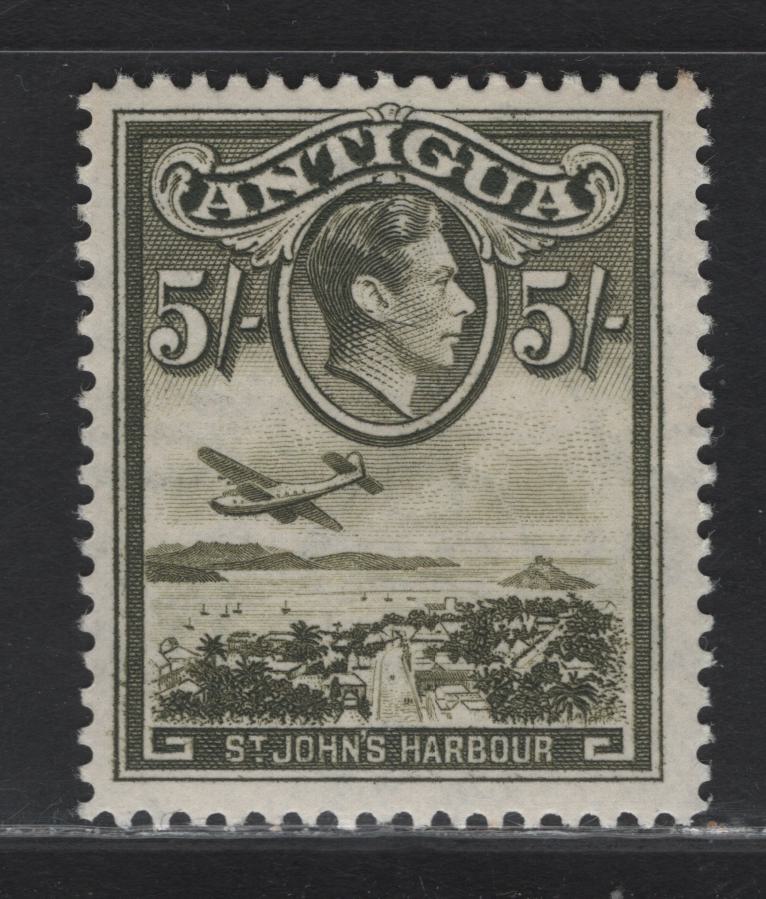 Lot 136 Antigua (C) SG#107 5/- Olive Green , 1938-1951 KGVI Pictorial Issue, A VFOG Single, 1942 Printing On Opaque Paper With Crackly Gum & Faintly Visible Wmk