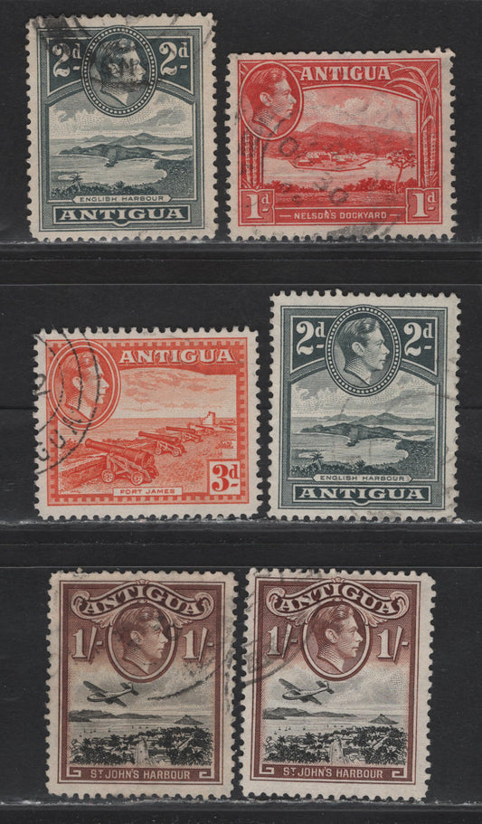 Lot 137 Antigua (C) SG#99a, 101, 103, 105 1d - 1/- Red - Black & Brown , 1938-1951 KGVI Pictorial Issue, 6 Fine/Very Fine Used Singles, 1942 Printing On Opaque Paper With Vertical Mesh & Barely Visible Wmk