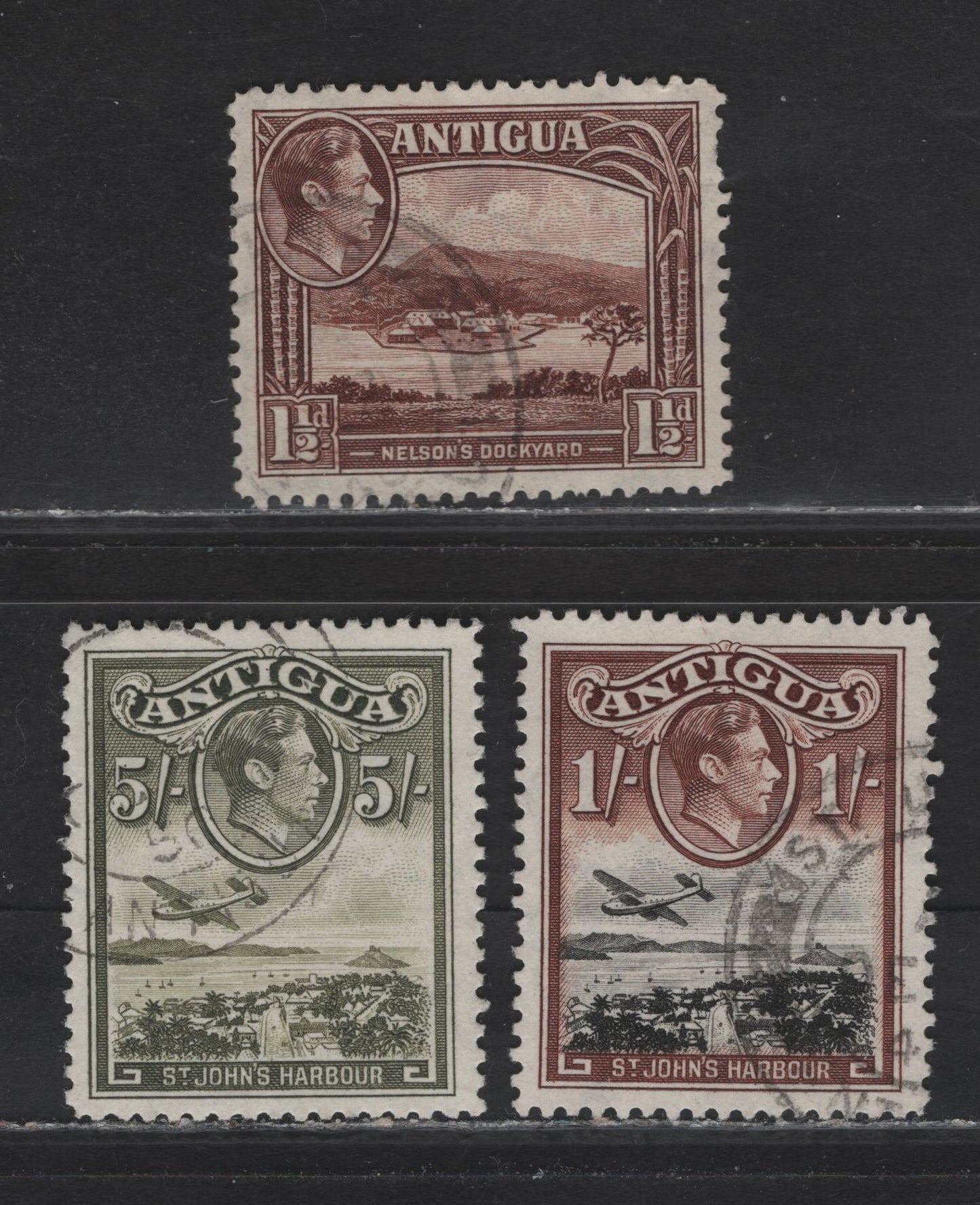 Lot 140 Antigua (C) SG#100b, 105a, 107 1.5d - 5/- Lake Brown - Olive Green , 1938-1951 KGVI Pictorial Issue, 3 Fine/Very Fine Used Singles, 1949, Printings On Translucent Paper With Clear Wmk, Short Perf of 1.5d.