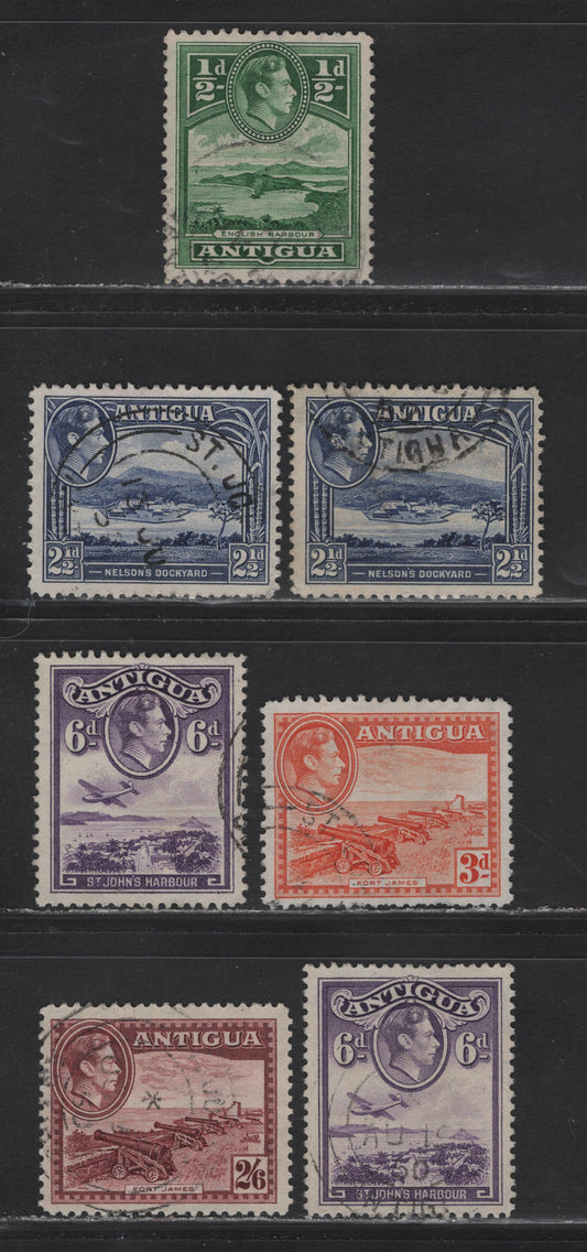 Lot 141 Antigua (C) SG#98, 102-104, 106a 1/2d - 2/6 Bright Bluish Green - Maroon , 1938-1951 KGVI Pictorial Issue, 7 Fine/Very Fine Used Singles, 1947-1952 Printings On Opaque Paper With Clear Wmk & Cross-Hatched Mesh