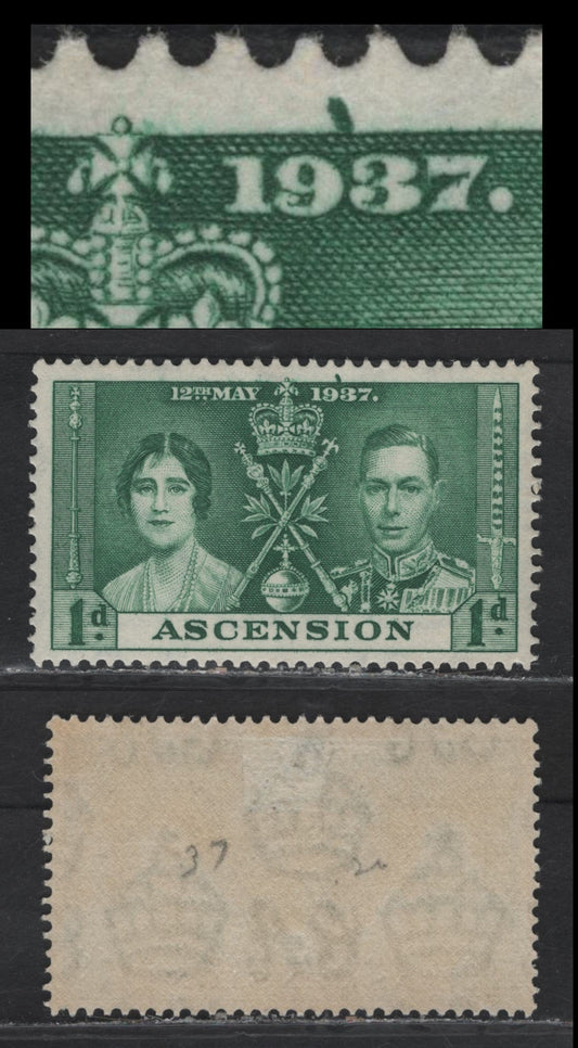 Lot 145 Ascension (C) SG#35var 1d Green , 1937 Coronation Issue, A VFOG Single, Showing Large Burr In Upper Margin, Similar In Nature To The Extra Leaf Variety On The KUT Issue & Likely Constant