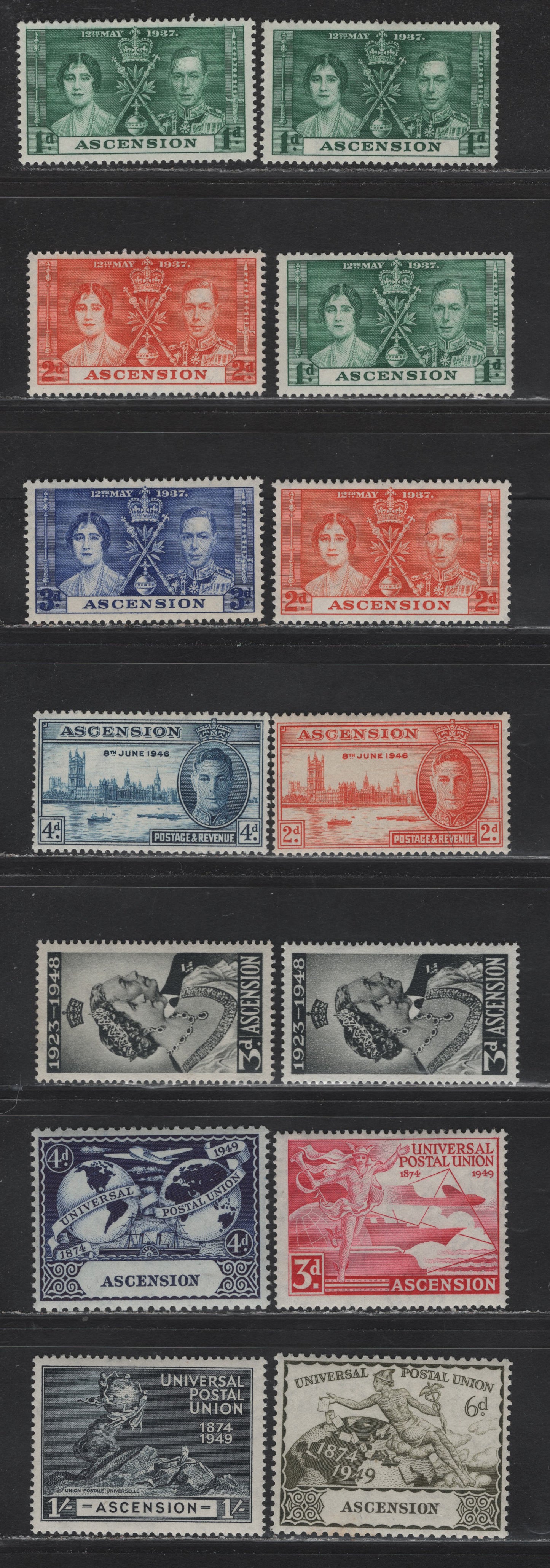 Lot 146 Ascension (C) SG#35-37, 48-50, 52-55 1d - 1/- Green - Blue Black , 1937-1949 Coronatio - UPU Issues, 14 F/VFOG Singles, Complete, Including Additional Shade Varieties of The 1937 Coronation, Plus Smooth & Rough Printings Of 1948 Silver Wedding