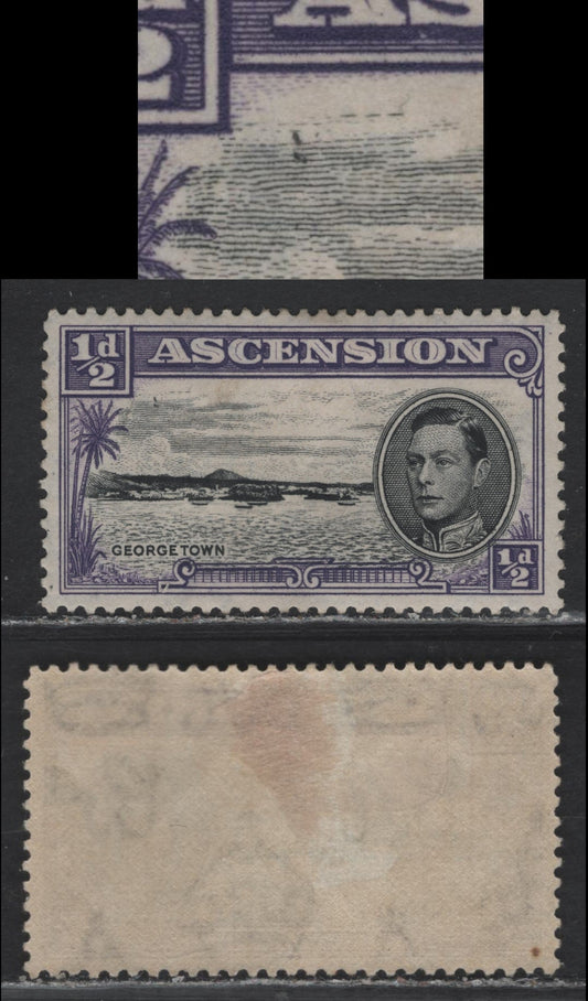 Lot 150 Ascension SG#38bvar 1/2d Black & Bluish Violet , 1938-1953 Pictorial Issue, A VFOG Single, 1944 Printing With Crackly Gum & Clear Wmk, Showiing Unlisted & Possible Constant 'Flock of Birds' Variety, Small Internal Wrinkle Under EN of Ascension.