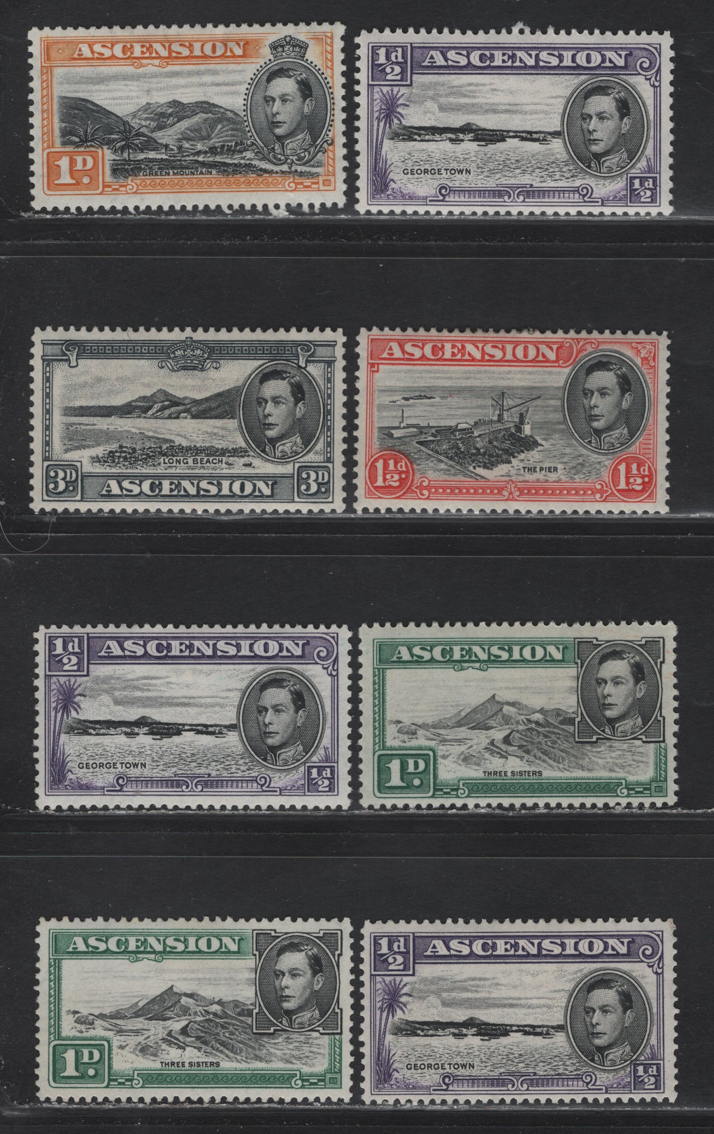 Lot 152 Ascension (C) SG#38b, 39b, 40b, 39d, 42b 1/2d - 3d Black & Bluish Violet - Black & Gray , 1938-1953 Pictorial Issue, 8 F/VFOG Singles, Perf 13, 1944, 1949 & 1952 Printings