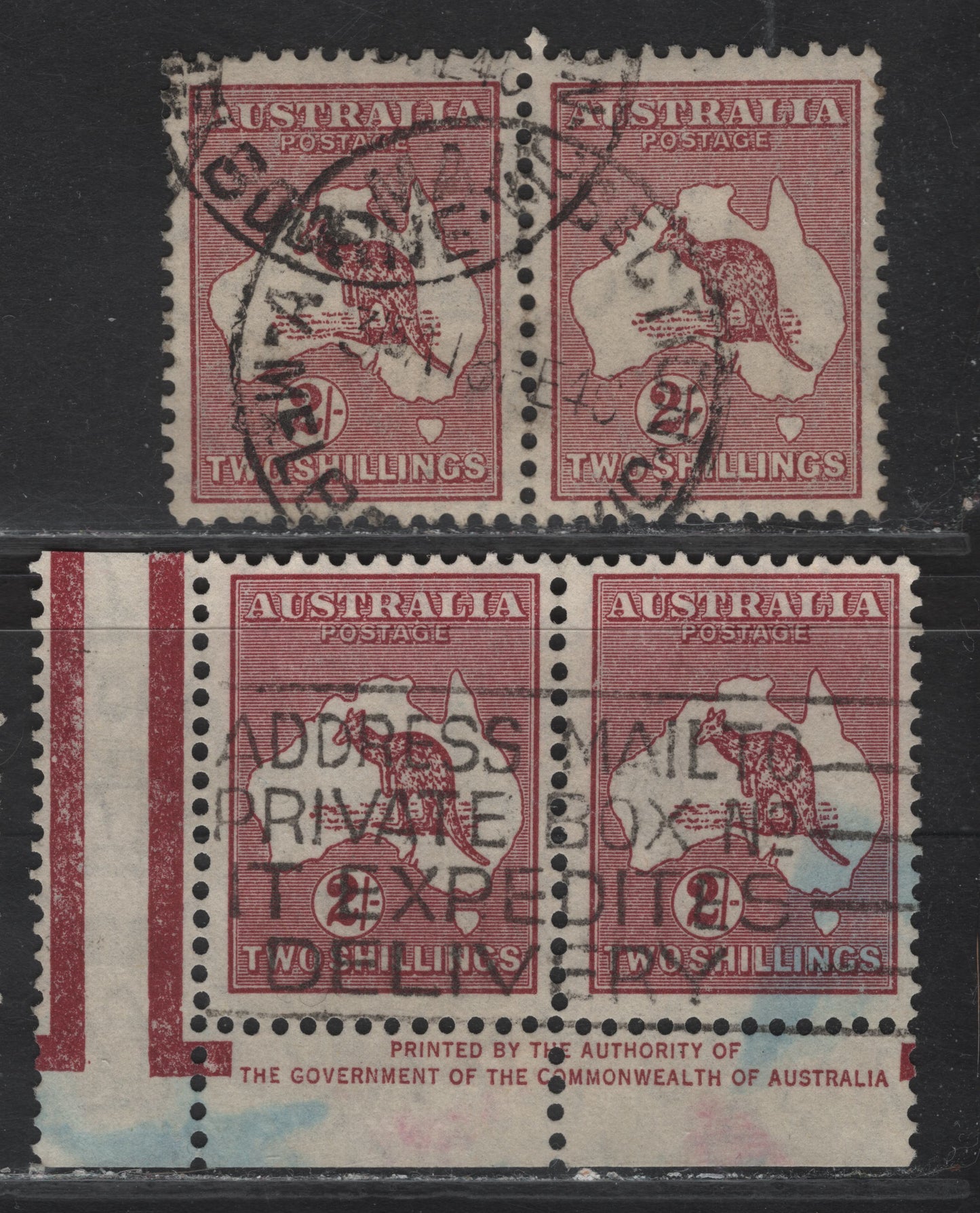 Lot 165 Australia SG#212 2/- Maroon , 1945 Kangaroo & Map Issue, 2 Fine/Very Fine Used Pairs, One Normal Paper With Light Horiz Ribbing On Back, One Inter-panneau Inscription Pair On Thin Paper