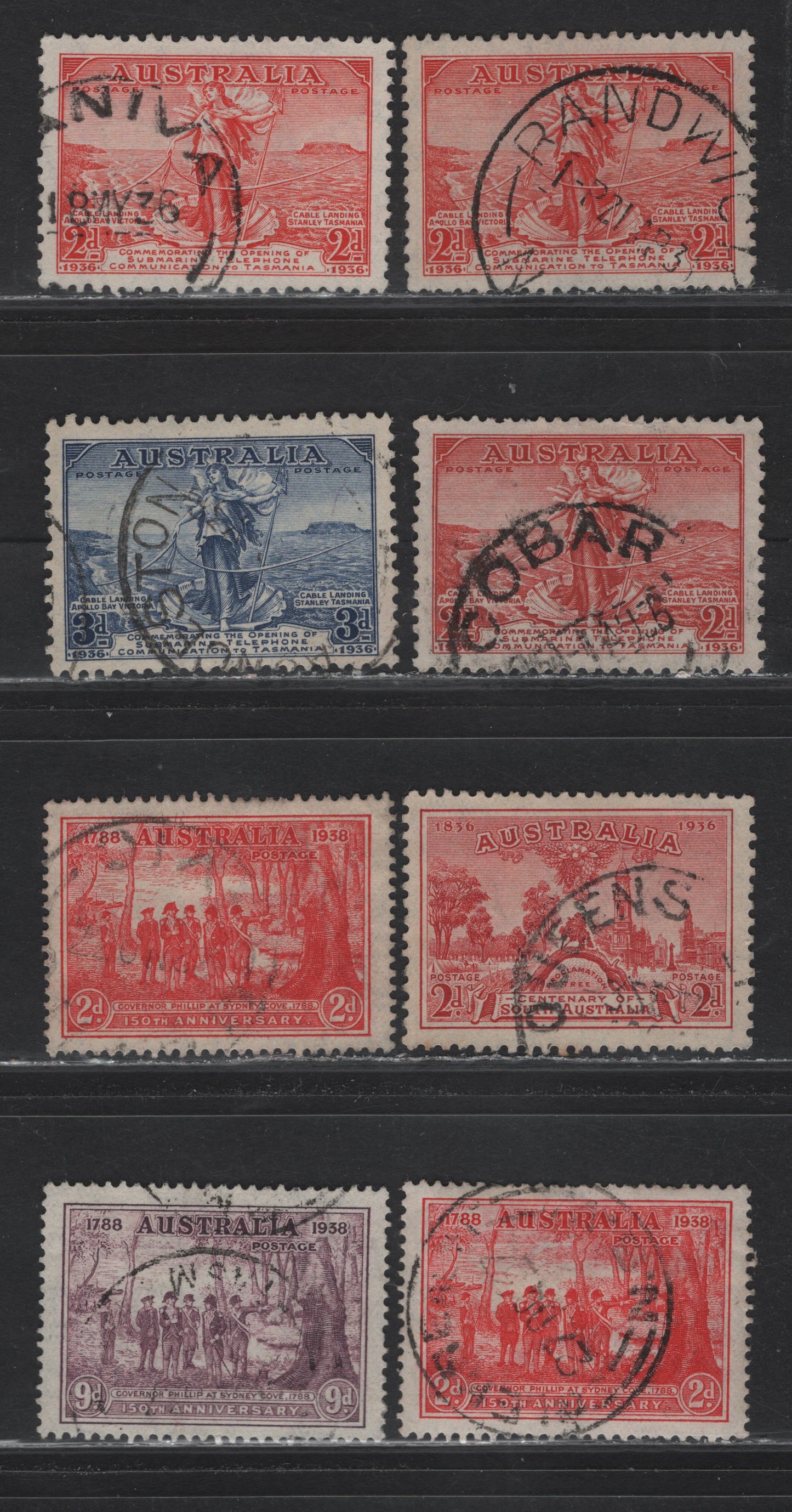 Lot 170 Australia (C) SG#159-161, 193, 195 2d - 9d Scarlet - Purple , 1936-1937 Opening of Submarine Telephone Link - 150th Anniv of NSW Issues, 8 Very Fine Used Singles, Shade & Paper Varieties On Both 2ds