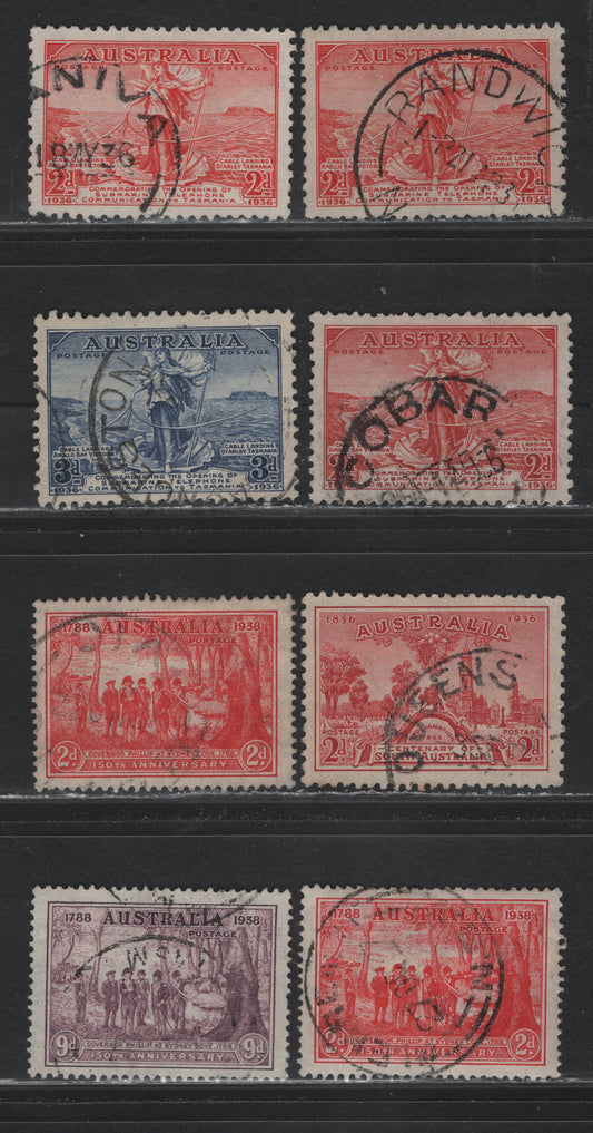 Lot 170 Australia (C) SG#159-161, 193, 195 2d - 9d Scarlet - Purple , 1936-1937 Opening of Submarine Telephone Link - 150th Anniv of NSW Issues, 8 Very Fine Used Singles, Shade & Paper Varieties On Both 2ds
