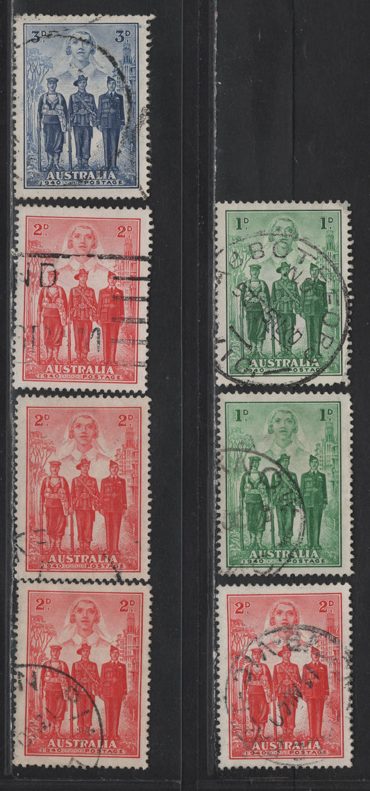 Lot 174 Australia (C) SG#196-198 1d - 3d Bright/Deep Emerald - Blue , 1940 Australian Imperial Forces Issue, 7 Very Fine Used Singles, Part Used With Shade Variations Of The 1d & 2d