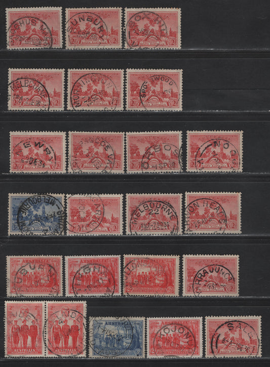 Lot 175 Australia (C) SG#161-162, 193-194, 197 2d Carmine - Scarlet , 1936-1940 Centenary of South Australia - Australian Imerpial Forces Issues, 22 Fine/Very Fine Used Singles & Pair, CDS Town Cancels Selection, All Readable With A Variety Of Towns