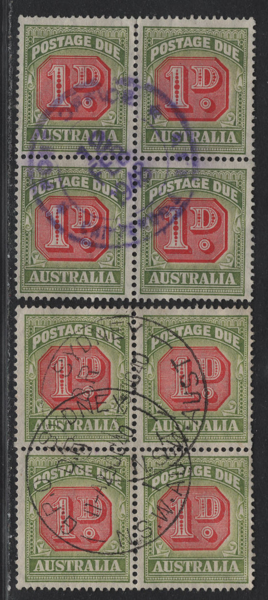 Lot 176 Australia SG#D113, D120 1d Deep Scarlet & Yellow Green , 1938-1957 Postage Dues, 2 Fine Used Blocks, Original & Redrawn Dies, Original Is Cancelled With Oct 29 1940 Sydney GPO Cancel, Redrawn Is Canberra Post Office CDS Dated Feb 12 1948