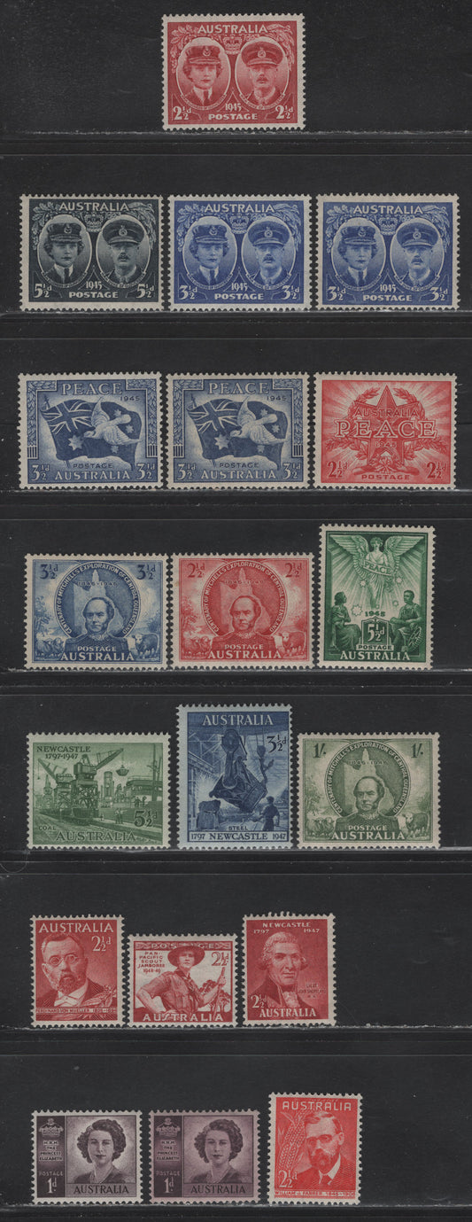 Lot 180 Australia SG#209-211, 213-222a, 225-227 2.5d Lake , 1945-1948 Duke & Duchess Of Gloucester - Pan-Pacific Scout Jamboree Issues, 19 F/VFNH Singles, Complete Sets With Some Additional Unlisted Shade Varieties