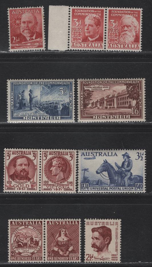 Lot 182 Australia SG#231-233, 239a, 241a, 243-244, 245a 2.5d - 3d Maroon , 1949-1951 Henry Lawson - Centenary of Gold Discovery Issues, 8 VFNH/LH Singles & Pairs, All NH Except 245a, Which Is LH