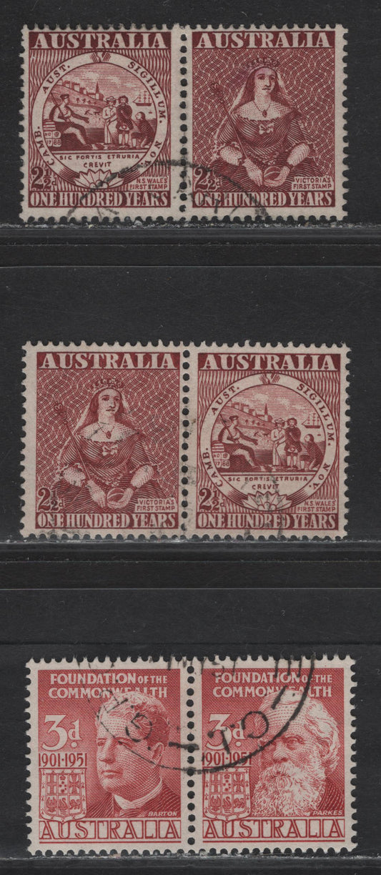 Lot 183 Australia (C) SG#239a, 241a 2.5d - 3d Maroon - Lake , 1950-1951 Victoria Stamp Centenary - 50th Anniv of Federation Issues, 3 Very Fine Used Se-Tenant Pairs, Two Shades Of The Stamp Centenary Issue