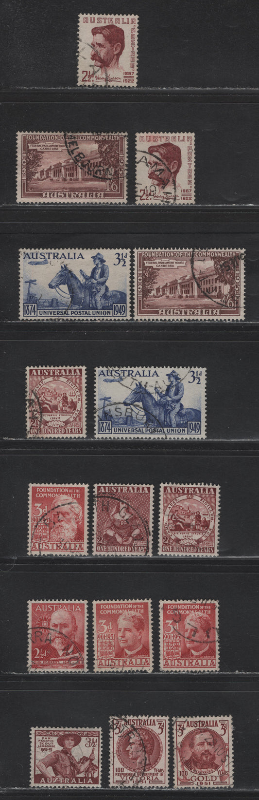Lot 186 Australia SG#231-233, 239-242, 244-246, 254 2.5d - 3.5d Maroon - Brown Lake , 1949-1952 Henry Lawson - Pan Pacific Scout Jamboree Issues, 16 Very Fine Used Singles, VF Used Selection Including Very Subtle Shade Varieties of Several Stamps