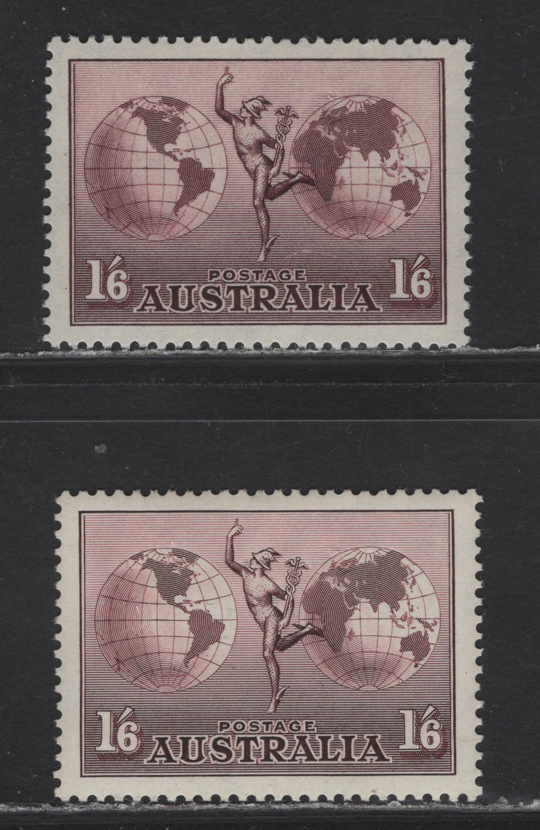 Lot 189 Australia SG#153a 1/6 Dull Purple , 1934-1948 Hermes Airmail Issue, 2 VFNH/OG Singles, Slightly Different Shades, One Having A More Reddish Tone & The Other Bronzer, C of A Wmk, Chalky Paper, Perf 13.5x14.